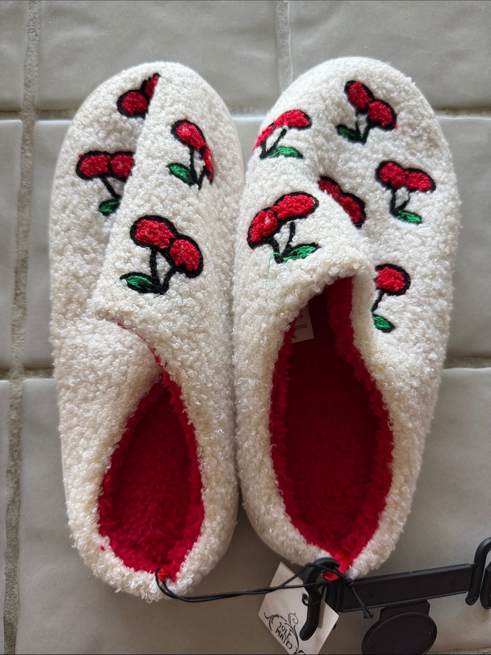 Cozy White Sherpa Slippers I with Red Floral Embroidery - Women's